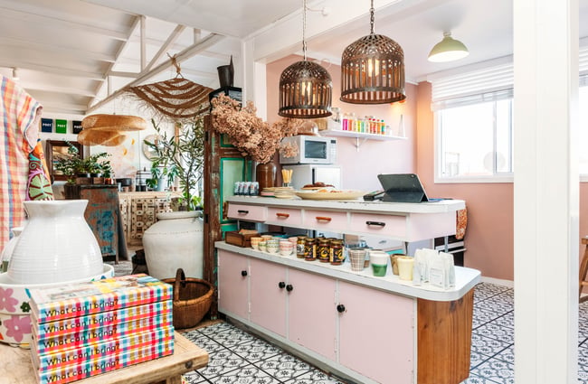 A pink cafe counter inside The Workshop Gisborne.