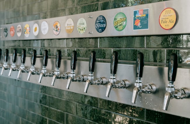 Close up of beer taps at Three Boys Brewery in Christchurch.