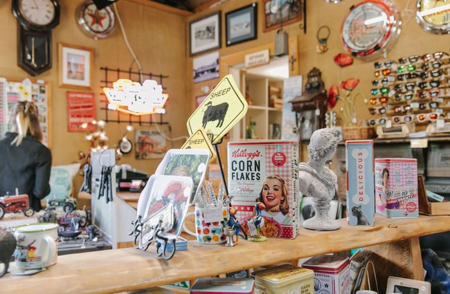 Retro homewares on display on tables inside Three Creeks.