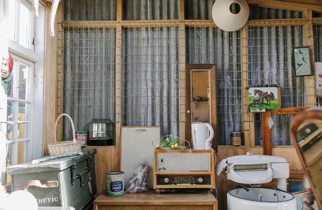 Old boxes and retro washing equipment at Three Creeks.