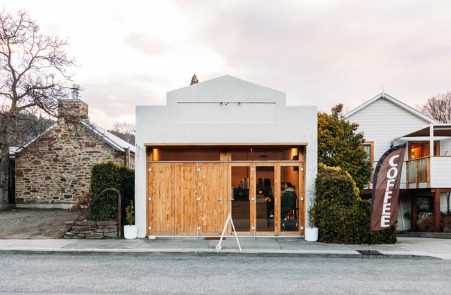 The exterior of Three Peaks Coffee Clyde Central Otago.