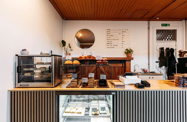 The cafe counter at Three Peaks Coffee Clyde Central Otago.