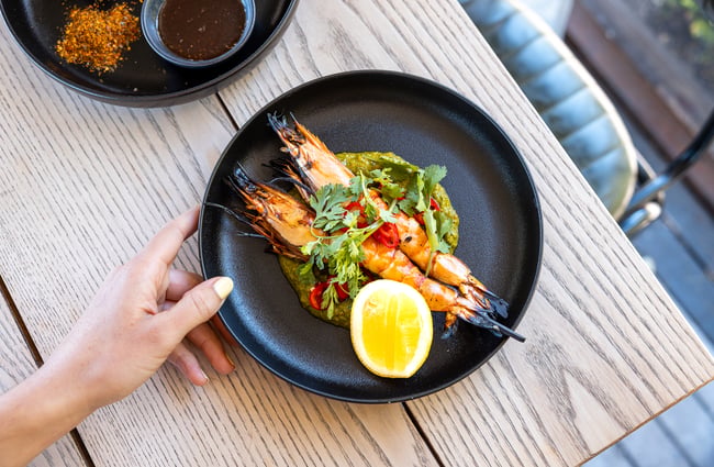 Plate of prawn skewers Japanese style at Tini Bar in Akaroa