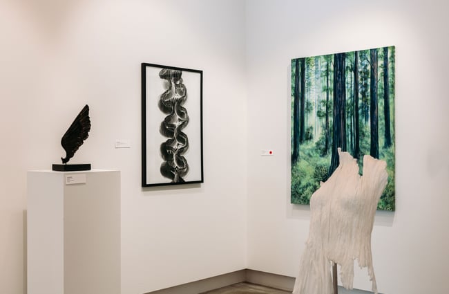 Black and white and green works of art on walls and plinths.