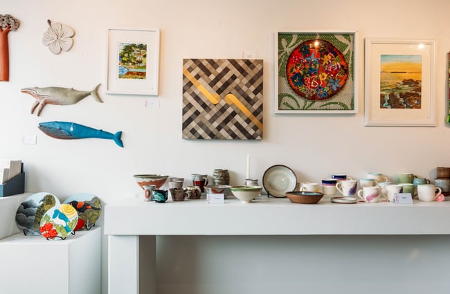Works of art on display inside Toi Store at Pātaka.