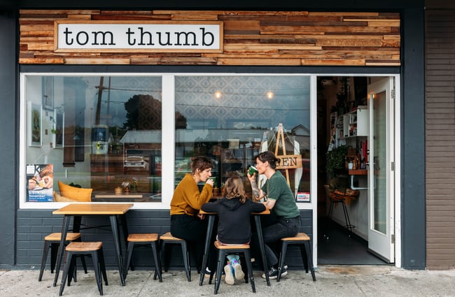Exterior cafe view of Tom Thumb.