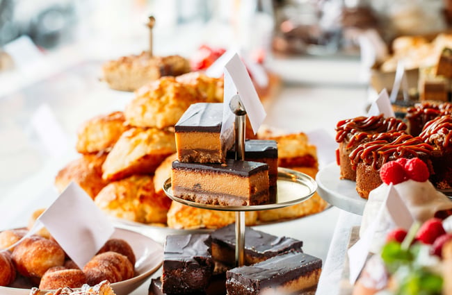 Caramel slice on cake stand at Tomboy, Wellington.