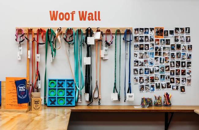 The woof wall displaying photos of dog customers at Tony's Pizza.