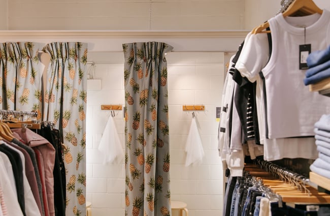 Pineapple design on changing room curtains at Trouble and Fox.