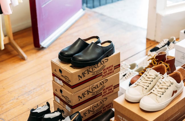 A close up of shoes on display inside Truly Gisborne.