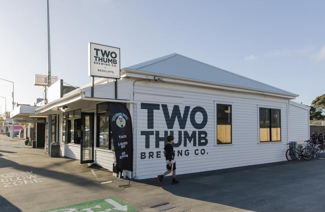 Exterior of Two Thumb Brewing Co. Redcliffs on a corner block.