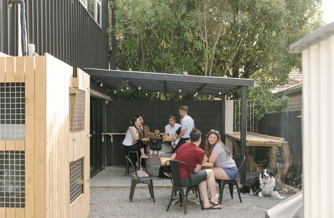 People dining outside on a sunny day.