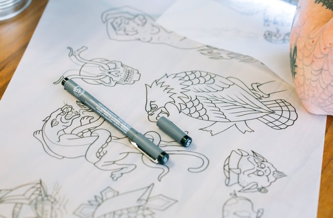 Detail of drawings at Union Tattoo, Wellington.