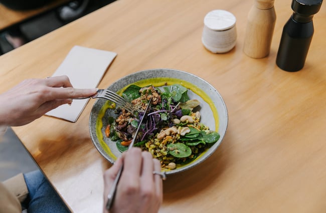 Close up of bowl of salad.