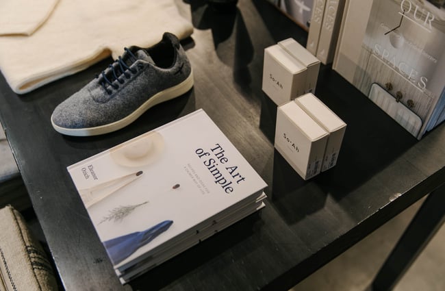 Close up of shoes and book on display.