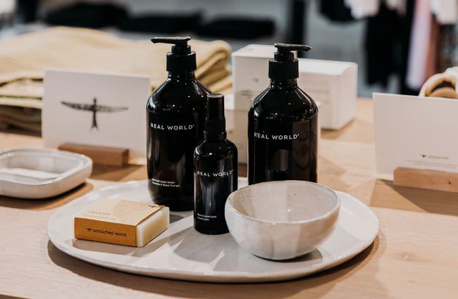 Close up of ceramics and body/skincare products.
