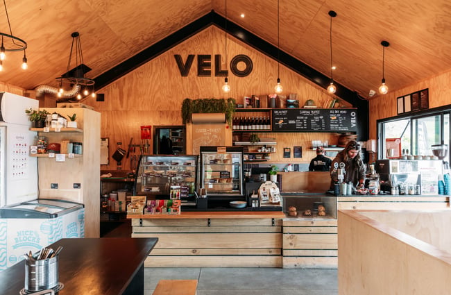Inside view of the cabinet and counter at Velo Café & Beer Garden.