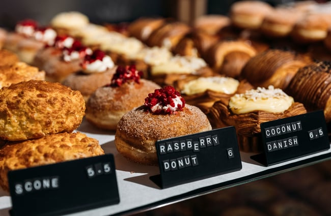Close up of pastries on display at Volco Egmont Street.