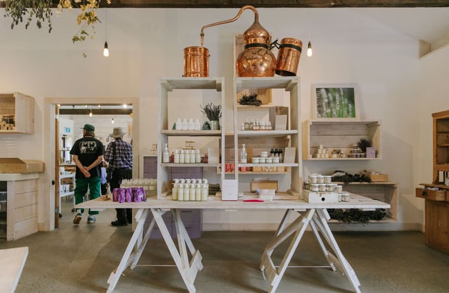 A white table in the middle of the room displaying lavender products.