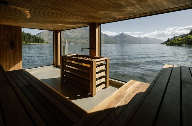 Waterfront view from inside Watershed Saunas in Queenstown