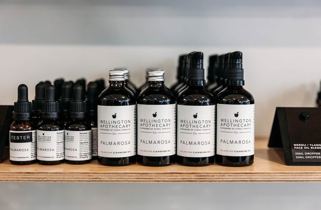 Close up of Wellington Apothecary skincare products on shelf