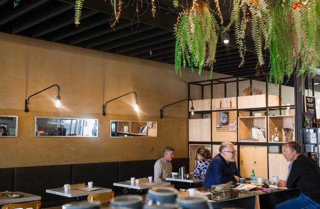 Customers dining inside a brightly lit cafe.