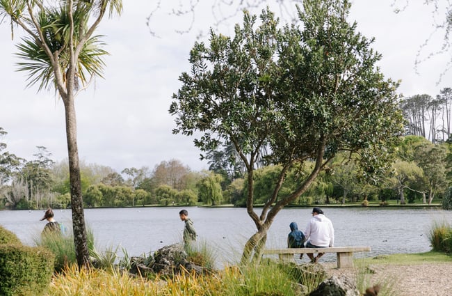 Kids and adults sitting and walking around a lake on a cloudy day.