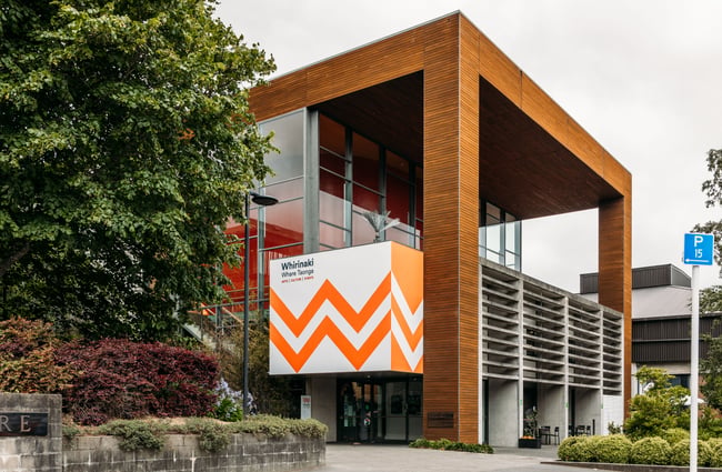 The large imposing exterior of Whirinaki Whare Taonga in Upper Hutt.