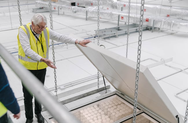 Man holding hatch open with cheese factory below at Whitestone Cheese in Ōamaru.