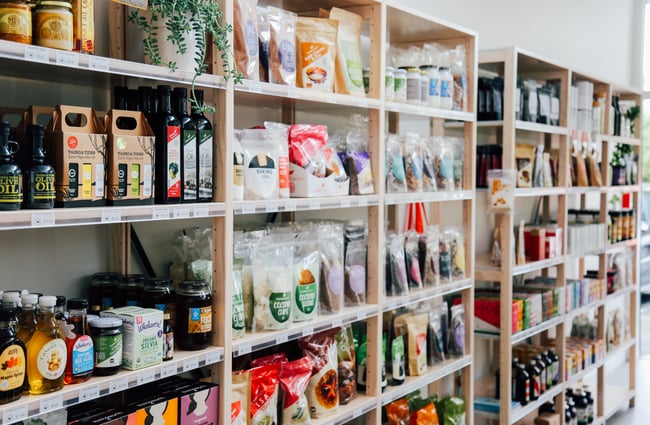 Shelves full of products.