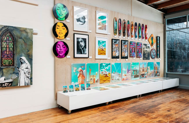 Collection of art prints, skateboard deck art and paintings at Wicksey studio