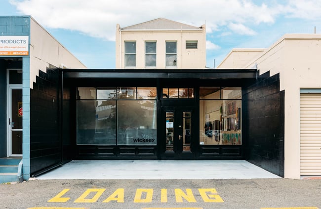 Black exterior of Wicksey studio & gallery in Ōamaru