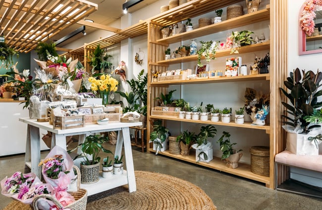Plants on display for sale inside a florist shop.
