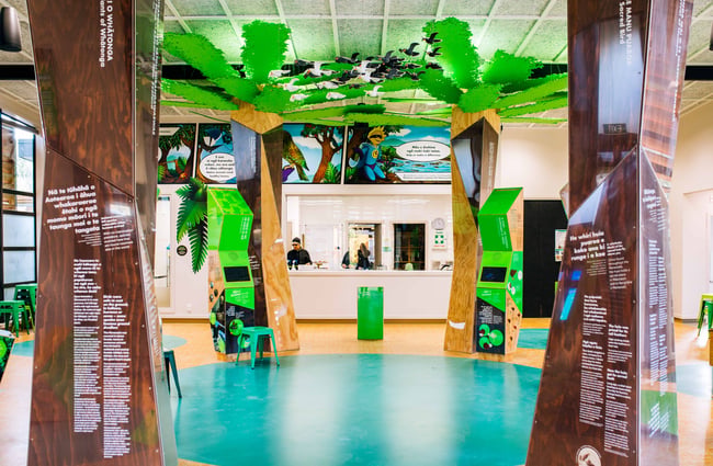 The foyer with big fake trees that have facts on them.