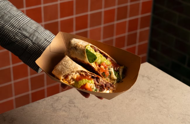 A hand holding a burrito.