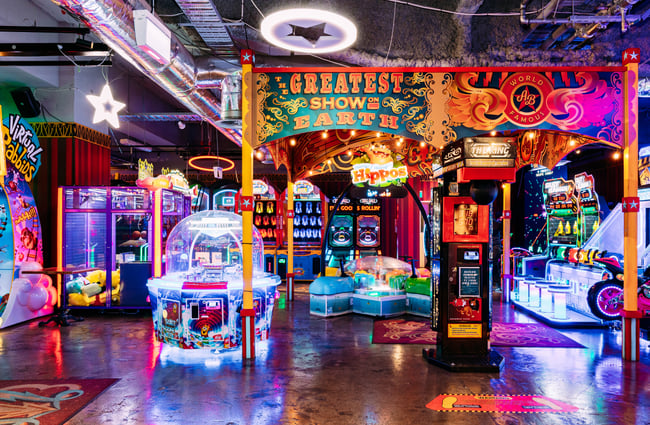 A brightly coloured games area inside Willis Lane.