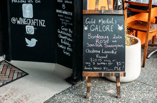 Blackboard menu outside the shop at Wine Craft.