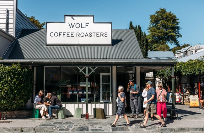 The exterior of the Wolf Coffee Roasters on a sunny day.