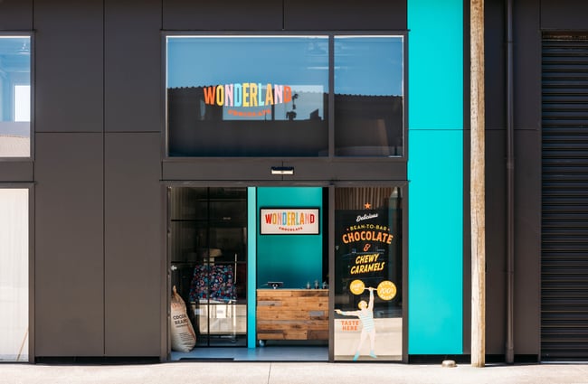 Wider view of the exterior of Wonderland Chocolate.