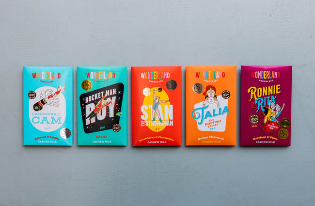 Lineup of chocolate products at Wonderland Chocolate .