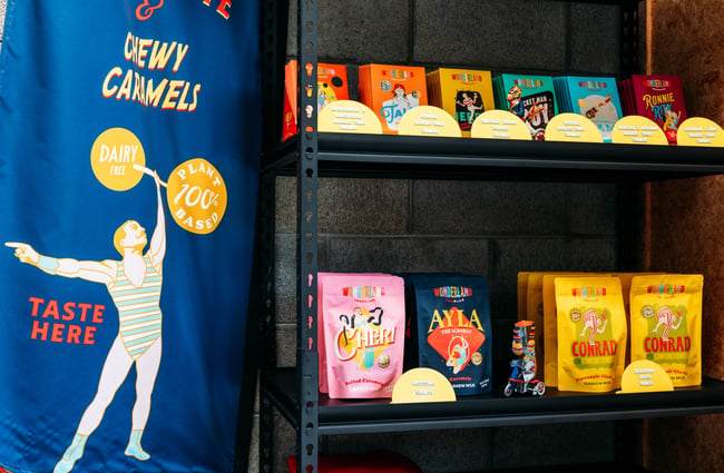 Shelves stocked with goodies at Wonderland Chocolate.
