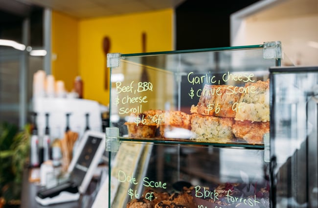 Close up of scones in the cabinet at Wooden Spoon.