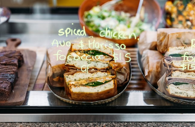 Focaccia sandwich in the cabinet at Wooden Spoon.