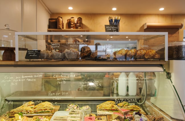 Close up of the food cabinet at Woods Cafe.