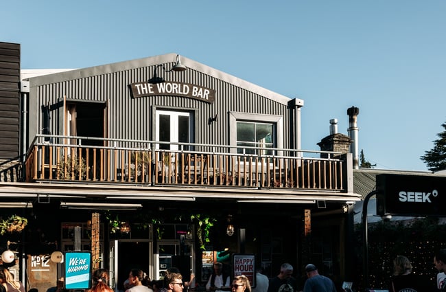 An upstairs balcony of The World Bar in Queenstown.
