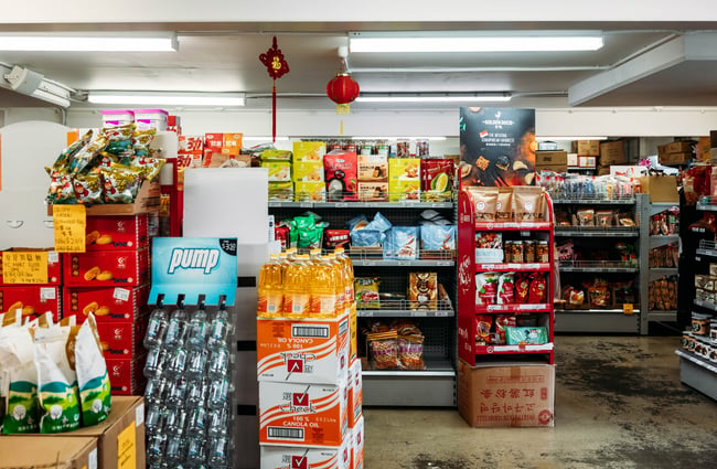 Rows of shelves at Yan's Supermarket.