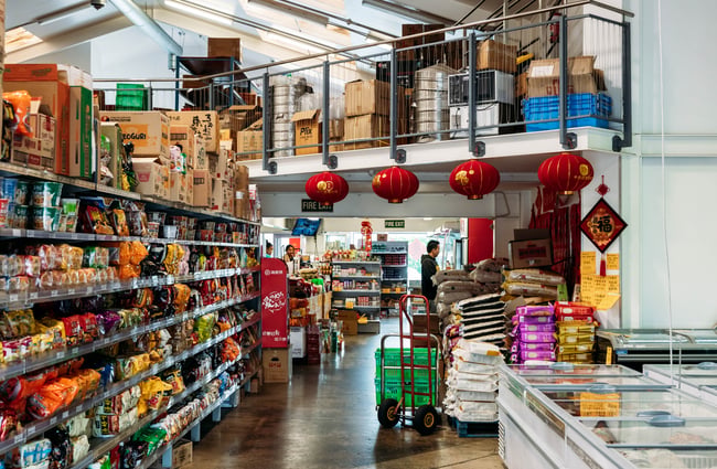 Shelves adorned with products at Yan's Supermarket.