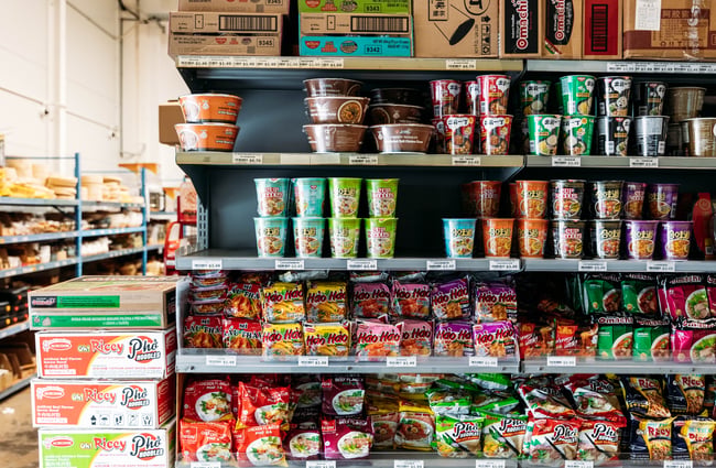 Shelves of instant ramen at Yan's Supermarket.