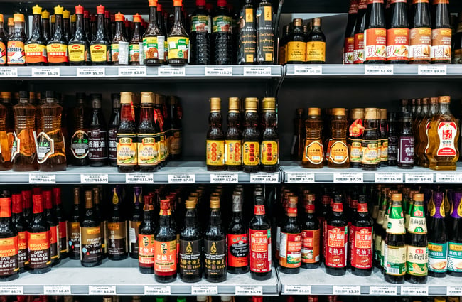 Shelves of condiments at Yan's Supermarket.