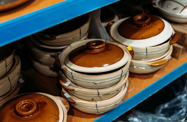 A row of dishes at Yan's Supermarket.